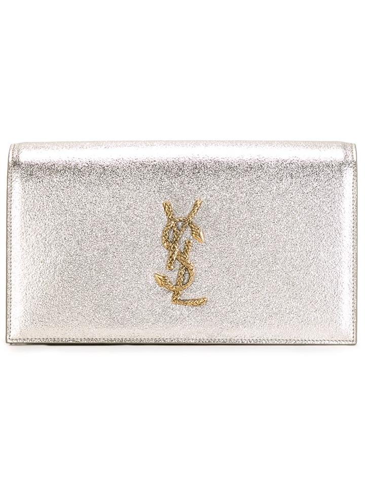 Saint Laurent Classic Monogram Clutch, Women's, Grey, Calf Leather