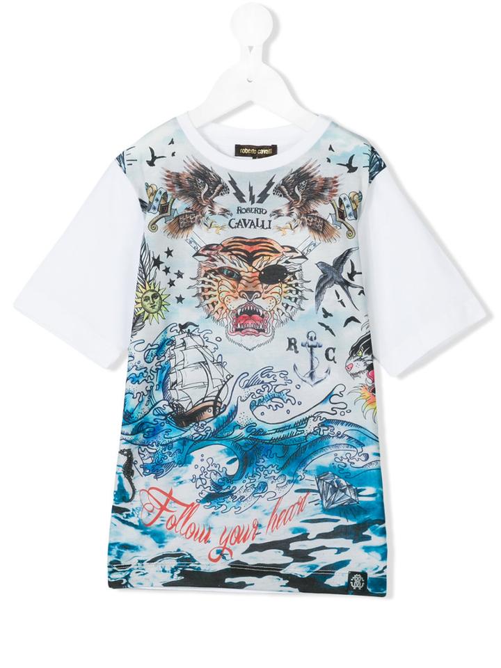 Roberto Cavalli Kids - Nautical Tiger Print T-shirt - Kids - Cotton/elastodiene - 12 Yrs, Boy's, White