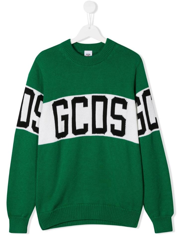 Gcds Kids Teen Logo Knitted Sweater - Green