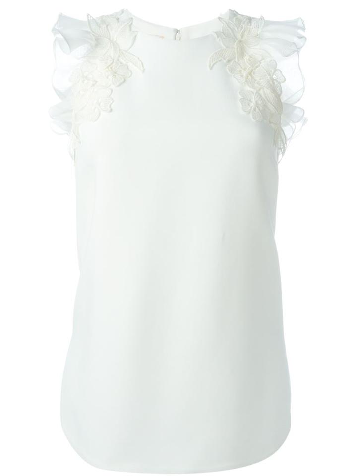 Giambattista Valli Embroidered Appliqué Ruffle Top, Women's, Size: 40, White, Viscose/spandex/elastane/silk/silk