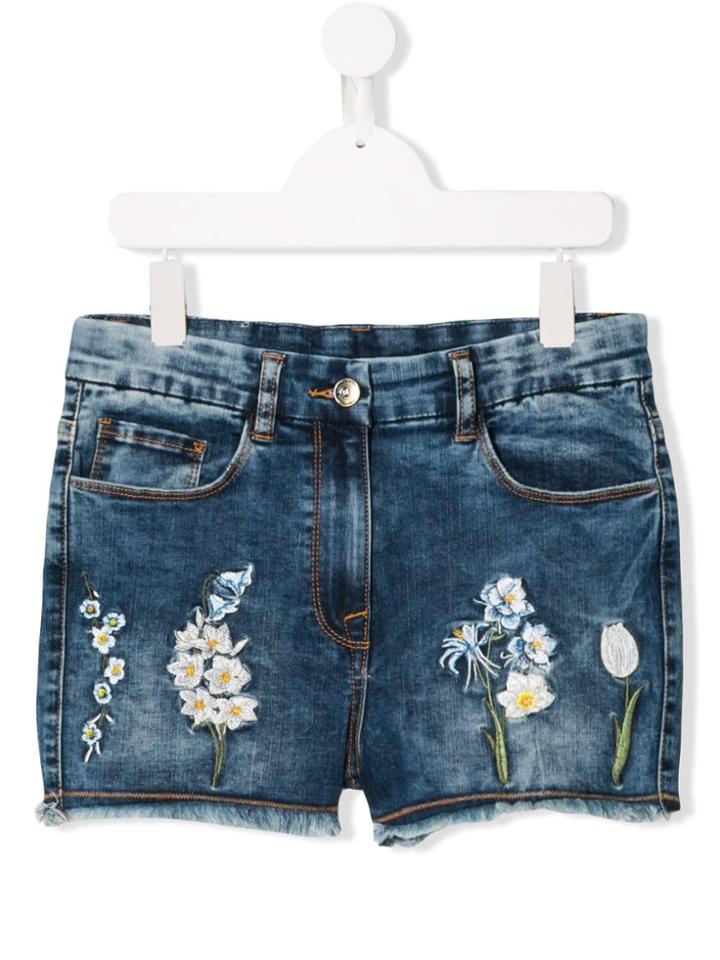 Monnalisa Teen Floral Embroidery Denim Shorts - Blue