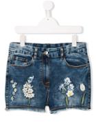 Monnalisa Teen Floral Embroidery Denim Shorts - Blue