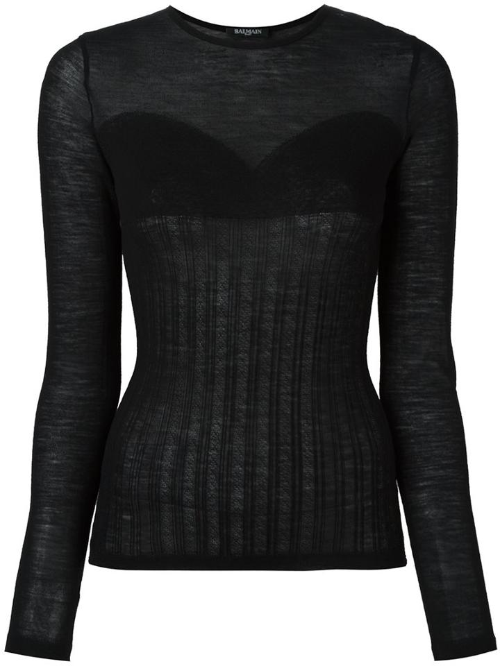 Balmain Ribbed Knit Top, Women's, Size: 36, Black, Wool