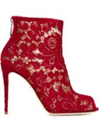 Dolce & Gabbana Floral Lace Booties, Women's, Size: 37.5, Red, Cotton/leather