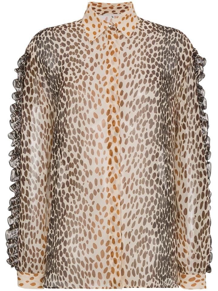 Marco De Vincenzo Silk Animal Print Blouse With Ruffles - Brown