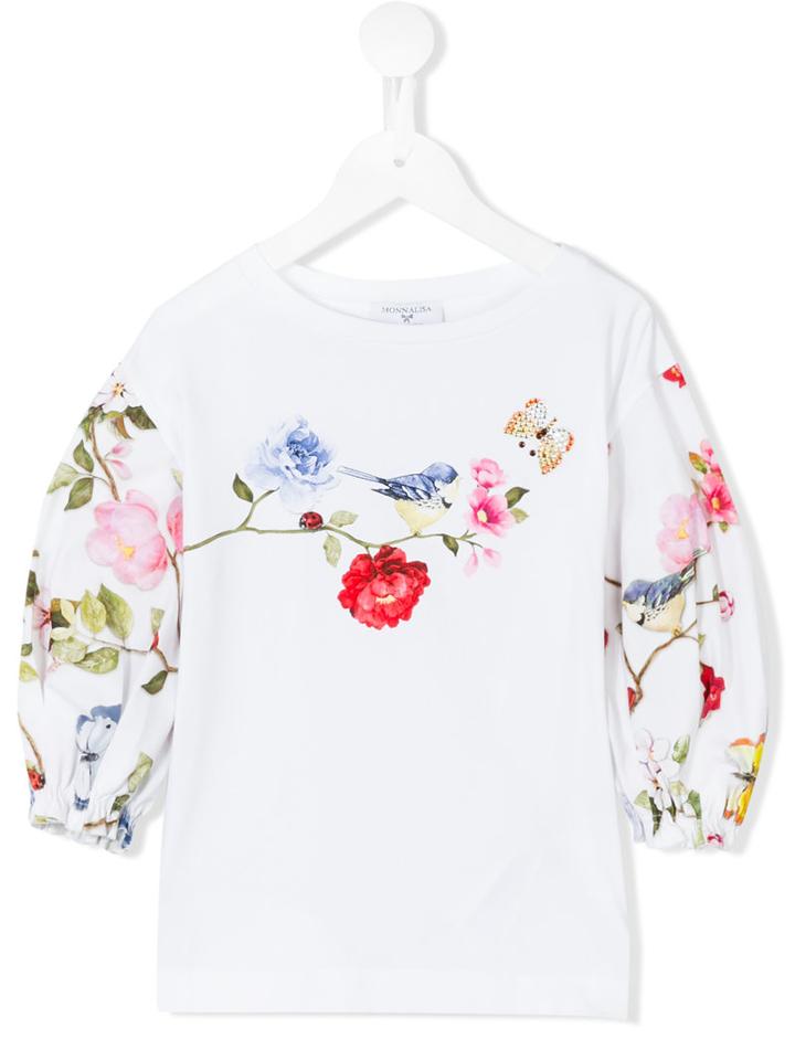 Monnalisa - Floral Blue Tit Print Top - Kids - Cotton/elastodiene - 11 Yrs, White