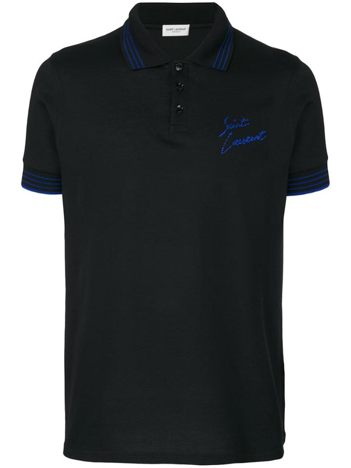 Saint Laurent Logo Embroidered Polo Shirt - Black