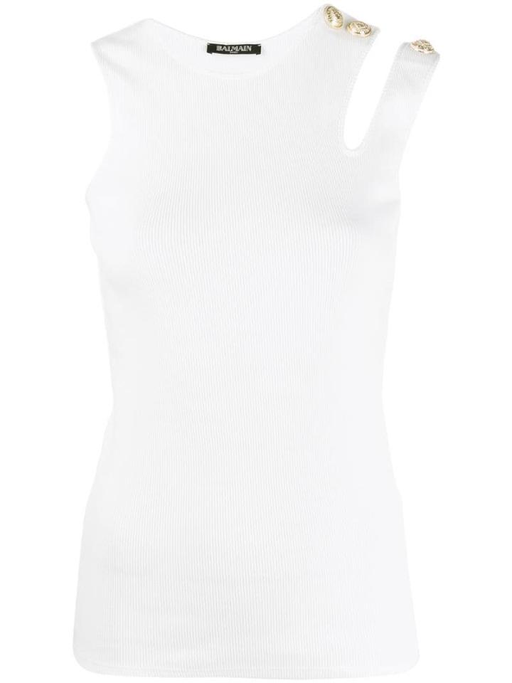 Balmain Cut-out Shoulder Tank Top - White
