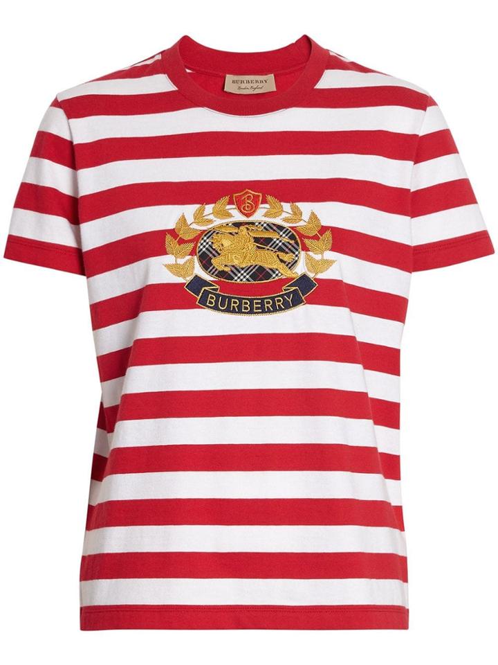 Burberry Crest Appliqué Striped Cotton T-shirt - Red