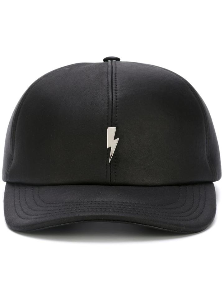 Neil Barrett Lightning Bolt Plaque Cap, Men's, Black, Lamb Skin