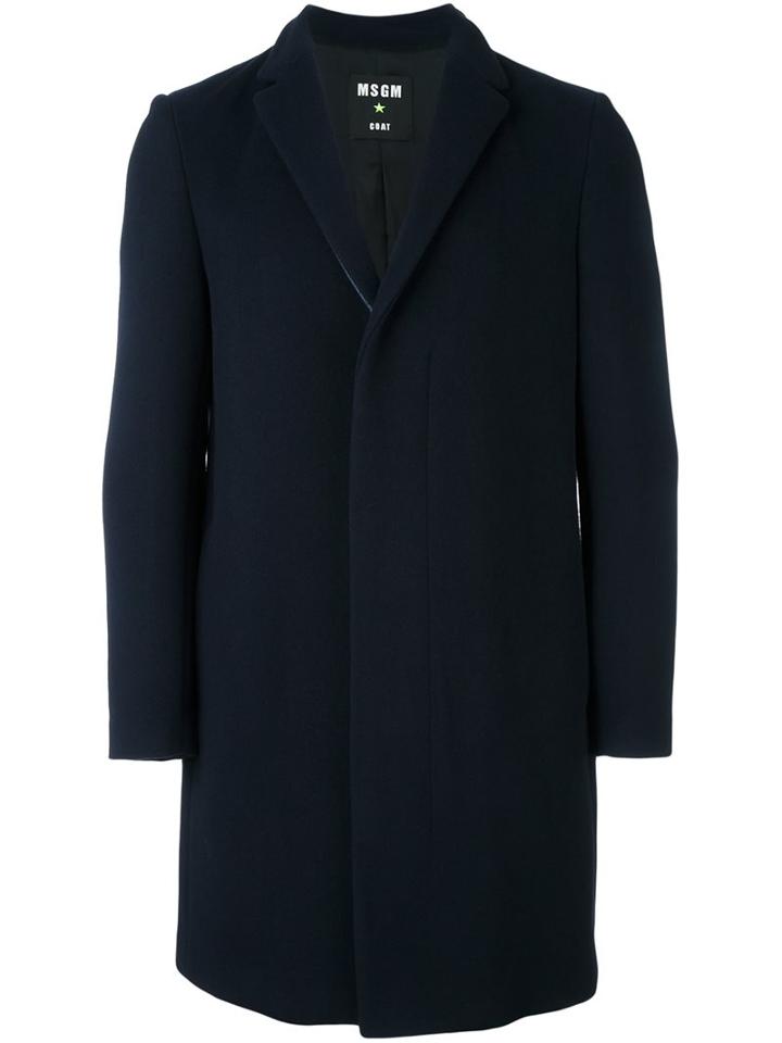 Msgm Single Breasted Coat, Men's, Size: 50, Blue, Cotton/polyamide/polyester/virgin Wool