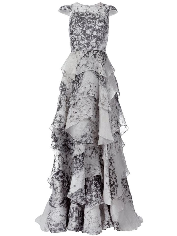 Christian Siriano Printed Ruffled Gown, Women's, Size: 8, Grey, Silk