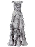 Christian Siriano Printed Ruffled Gown, Women's, Size: 8, Grey, Silk