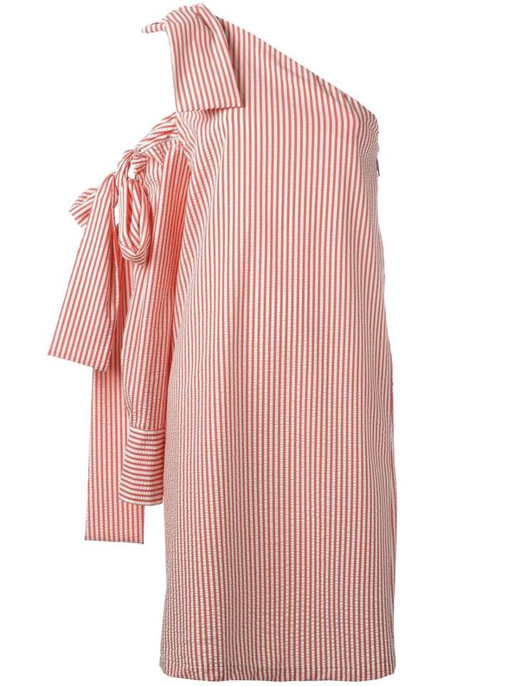 Msgm Single Shoulder Striped Dress, Women's, Size: 44, White, Cotton/polyamide/spandex/elastane