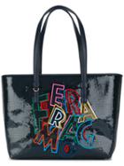 Salvatore Ferragamo Slogan Tote, Women's, Blue, Calf Leather/pvc/polyester