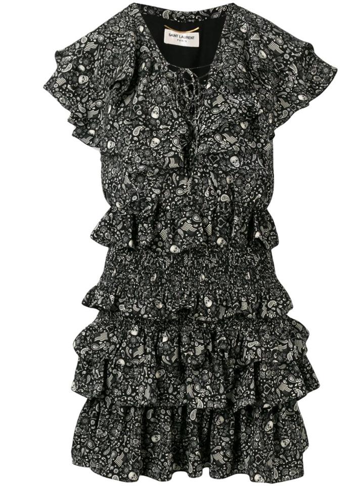 Saint Laurent Usa Skull Ruffled Chiffon Dress - Black