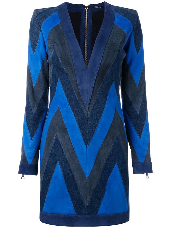 Balmain Chevron Panel Mini Dress, Women's, Size: 36, Blue, Lamb Skin/cotton/viscose