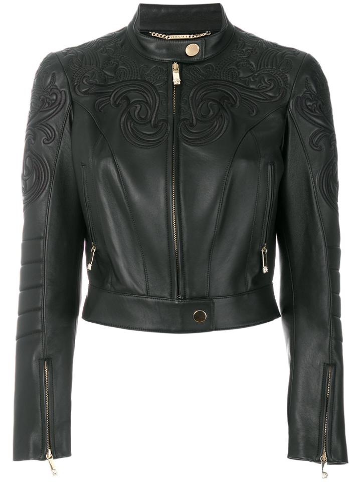 Versace Embroidered Biker Jacket - Black