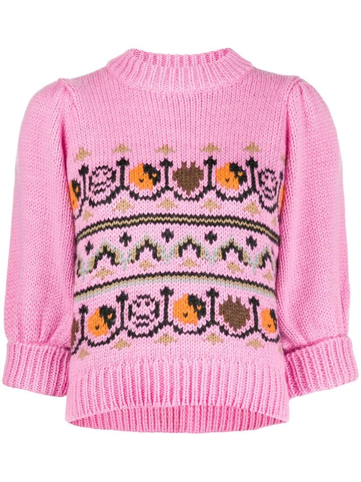 Ganni Intarsia Puff Sleeve Jumper - Pink