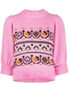 Ganni Intarsia Puff Sleeve Jumper - Pink