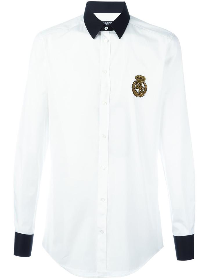 Dolce & Gabbana Embroidered Crown Logo Shirt, Men's, Size: 39, White, Cotton/copper/metallic Fibre/polyester