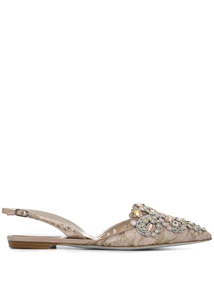 René Caovilla Lace Beaded Slipper - Neutrals