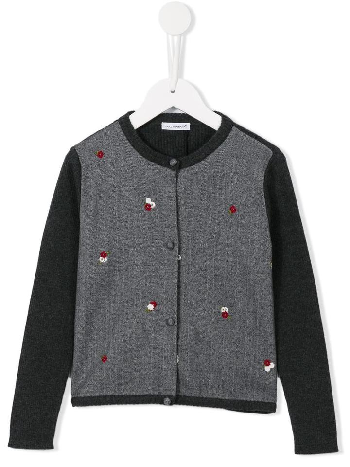 Dolce & Gabbana Kids Floral Embroidered Herringbone Cardigan, Girl's, Size: 10 Yrs, Grey