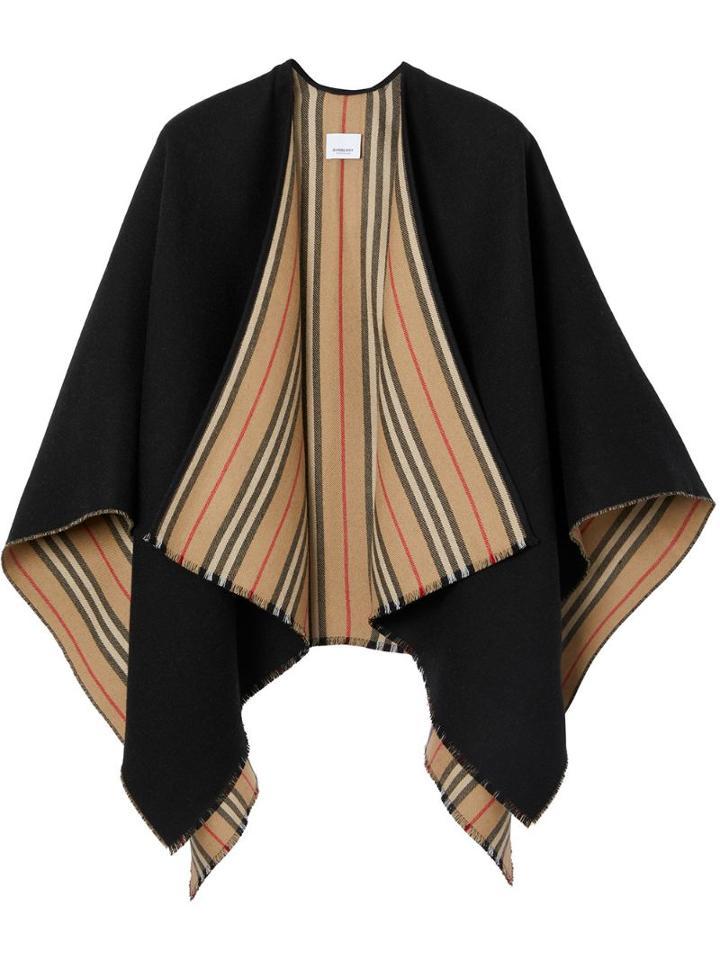 Burberry Icon Stripe Detail Wool Cape - Black