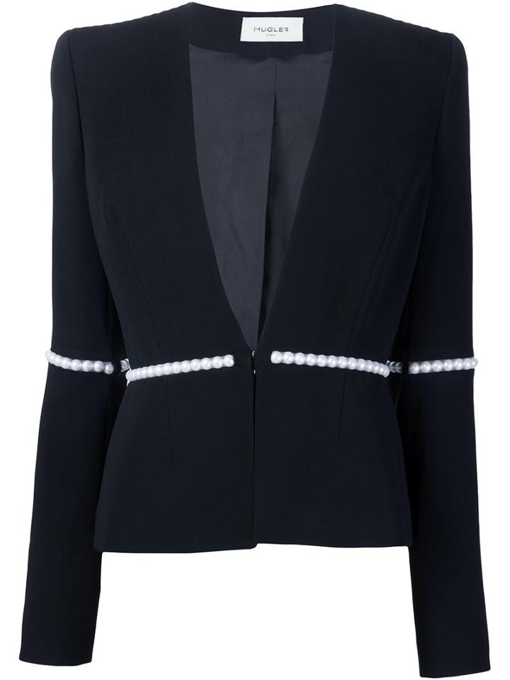 Mugler Pearl Embellished Jacket, Women's, Size: 40, Black, Acetate/viscose/spandex/elastane