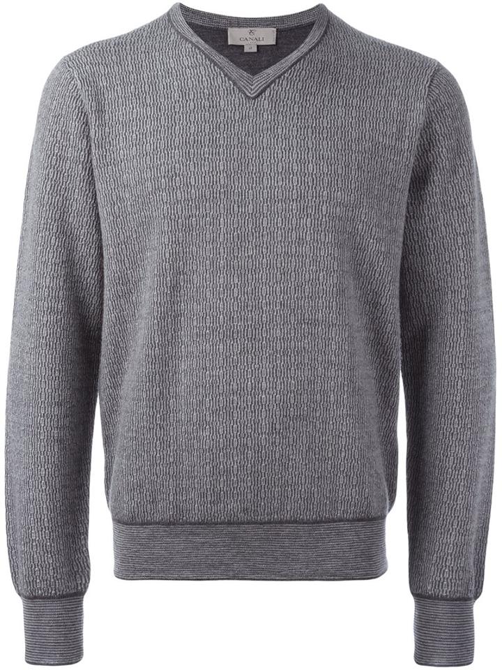Canali V-neck Jumper, Men's, Size: Xl, Grey, Wool