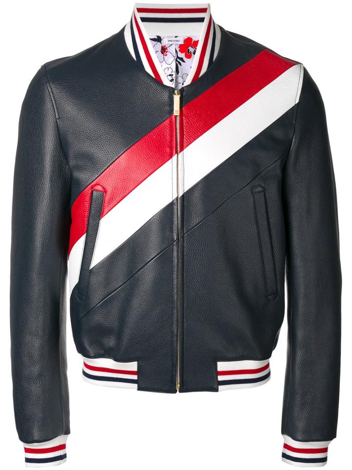 Thom Browne Striped Varsity Jacket, Men's, Size: 4, Blue, Cotton/deer Skin/nylon/cupro