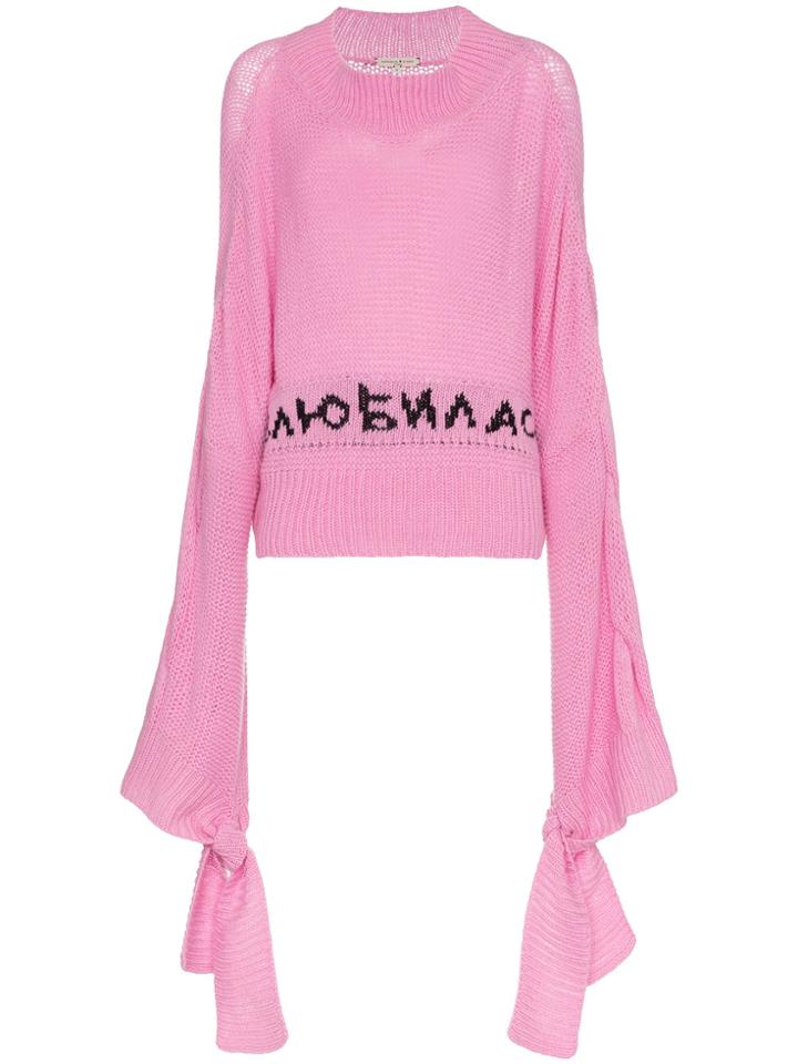 Natasha Zinko Slogan Intarsia Long Sleeve Cashmere Sweater - Pink &