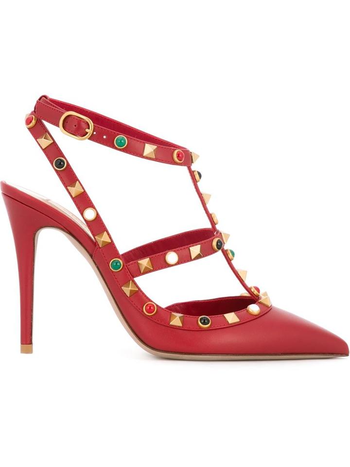 Valentino Rockstud Pumps, Women's, Size: 36, Red, Calf Leather/leather/metal