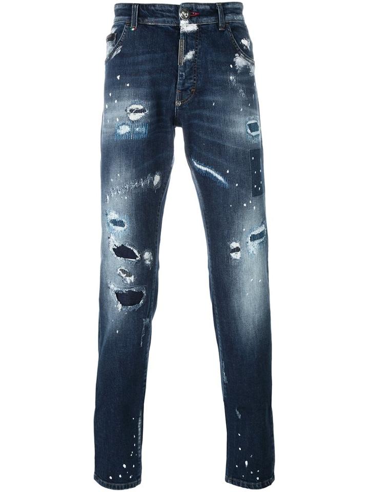 Philipp Plein 'wow' Super Straight Jeans, Men's, Size: 38, Blue, Cotton/spandex/elastane/polyester