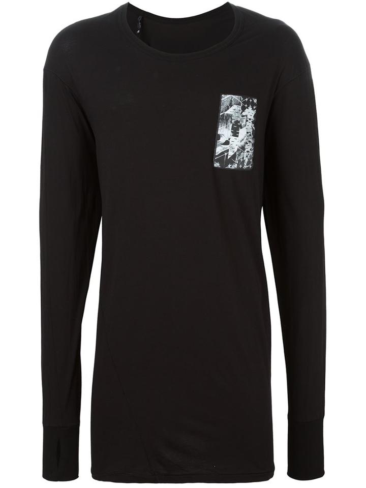 11 By Boris Bidjan Saberi Patched Long Sleeved T-shirt, Men's, Size: Large, Black, Cotton