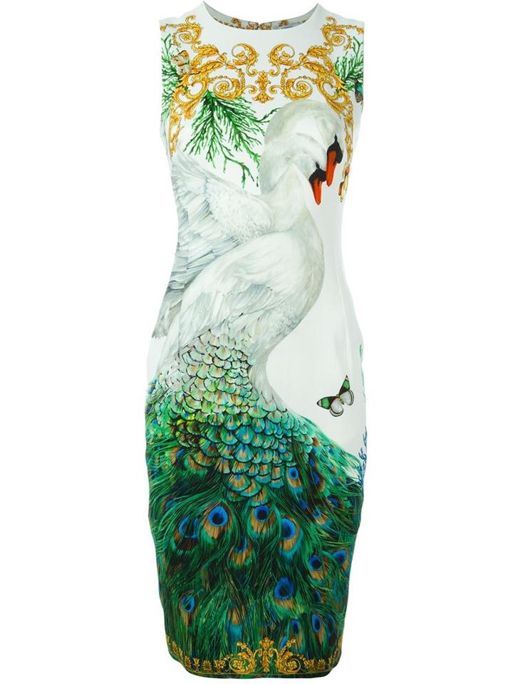 Versace Collection Swan And Peacock Print Fitted Dress