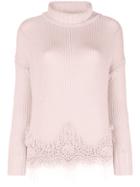 Ermanno Scervino Fringed Lace Hem Turtleneck Sweater - Pink & Purple