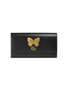 Gucci Leather Continental Wallet With Butterfly - Black