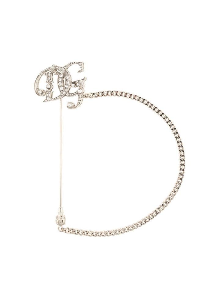 Dolce & Gabbana Crystal Embellished Logo Brooch - Silver