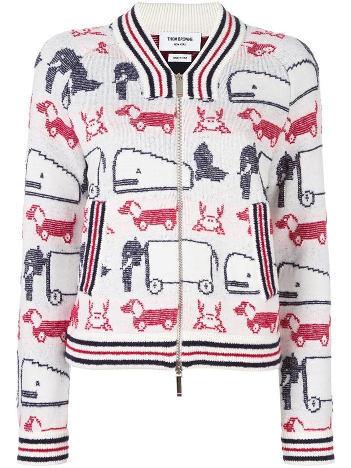 Thom Browne Animal Print Zip Up Cardigan, Women's, Size: 40, White, Cashmere/wool