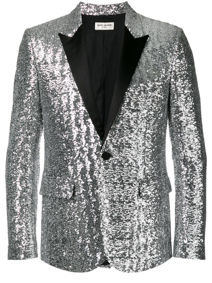 Saint Laurent Sequin Blazer, Men's, Size: 46, Grey, Acetate/viscose/cotton/silk