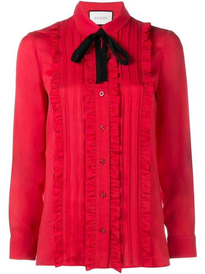 Gucci Ruffle Front Shirt, Women's, Size: 40, Red, Silk/cotton/viscose