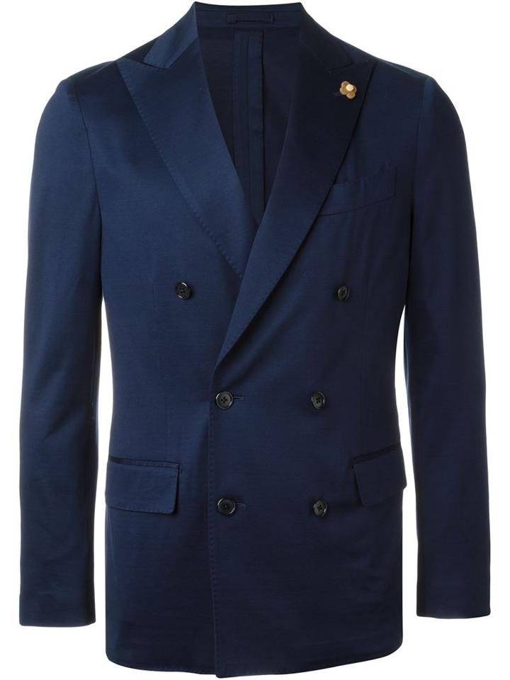 Lardini Double Breasted Blazer, Men's, Size: 54, Blue, Cotton/viscose/cupro