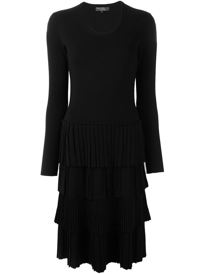 Salvatore Ferragamo Longsleeved Tiered Dress, Women's, Size: Medium, Black, Virgin Wool