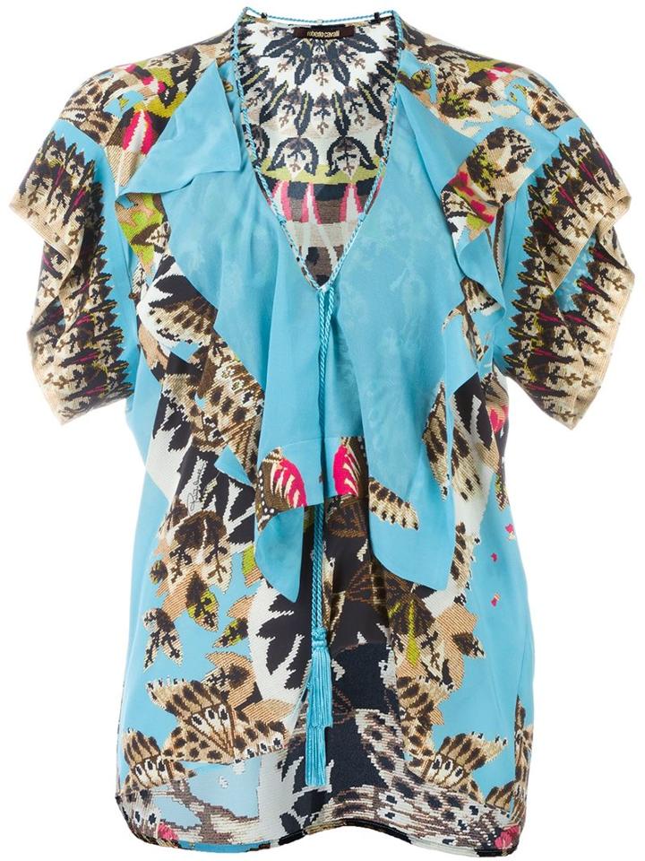 Roberto Cavalli 'day Dream' Ruffle Trim Blouse, Women's, Size: 44, Blue, Silk