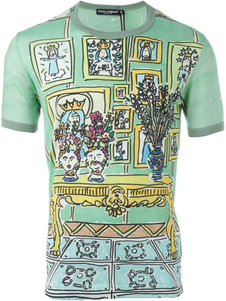 Dolce & Gabbana Drawing Print T-shirt, Men's, Size: 46, Green, Cotton