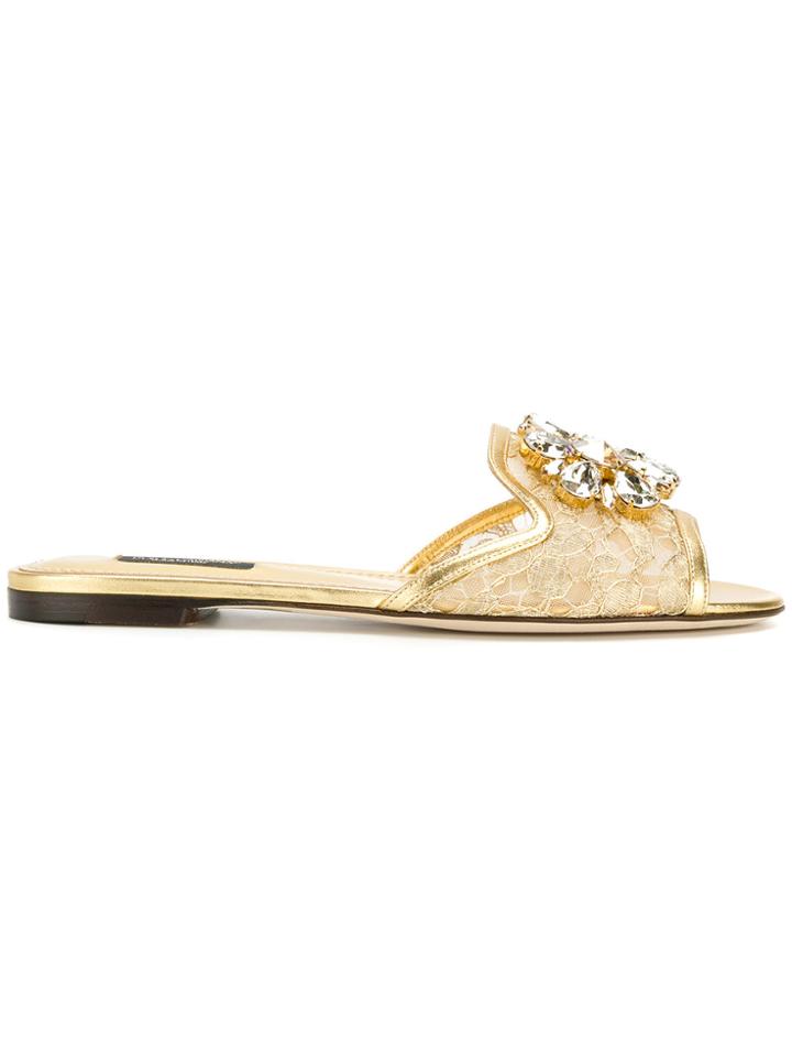 Dolce & Gabbana Lace Slippers With Crystal Embellishments - Metallic