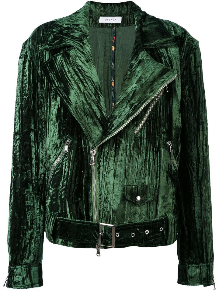 Delada - Velvet Biker Jacket - Women - Viscose - 3, Green, Viscose