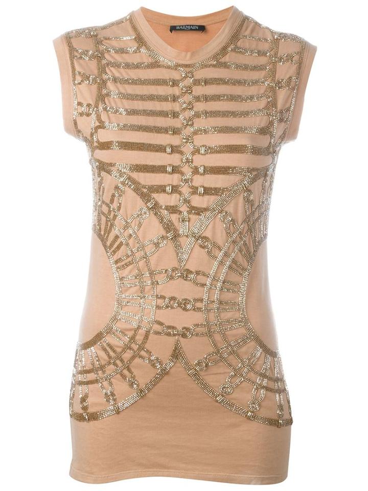 Balmain Embellished Tank Top, Women's, Size: 36, Nude/neutrals, Cotton/glass