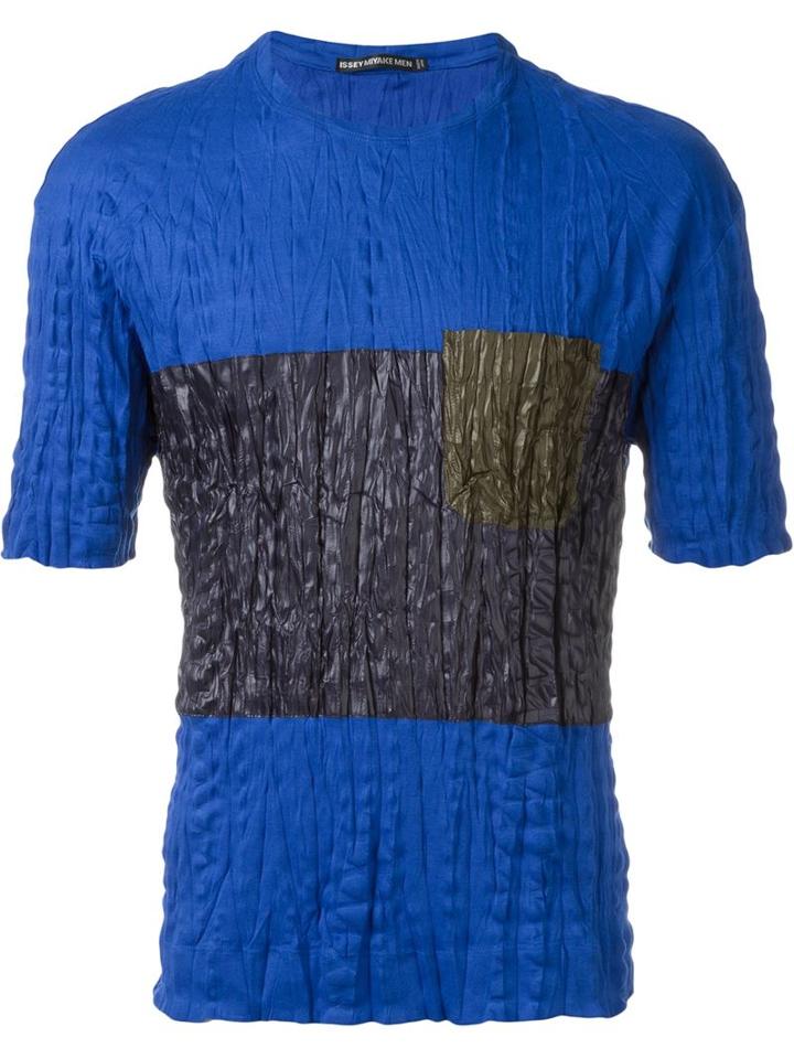 Issey Miyake Men Texture Contrast Panel Wrinkled T-shirt, Size: 1, Blue, Polyester/cotton